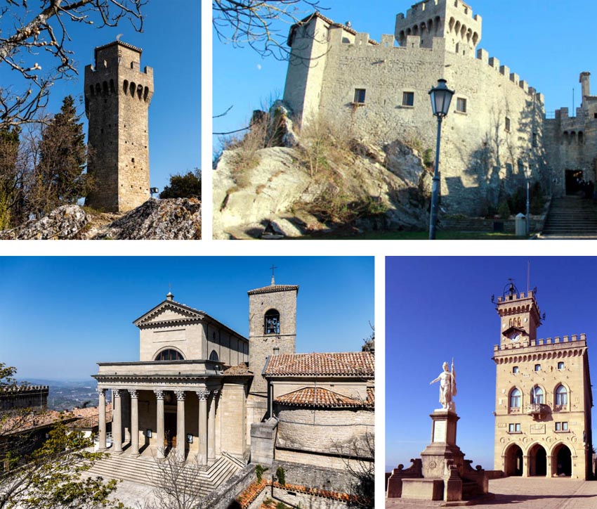 La tour Montale - La tour Cesta - La Basilique de San Marino - Le Palais Public - © Visit San Marino La tour Montale - La tour Cesta - La Basilique de San Marino - Le Palais Public - © Visit San Marino