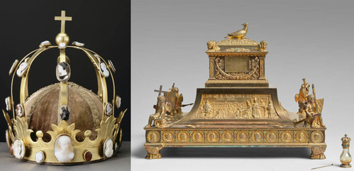 Couronne aux camées, dite couronne de Charlemagne et le reliquaire, avec la Sainte Ampoule et la spatule - © Mobilier national Couronne aux camées, dite couronne de Charlemagne et le reliquaire, avec la Sainte Ampoule et la spatule - © Mobilier national