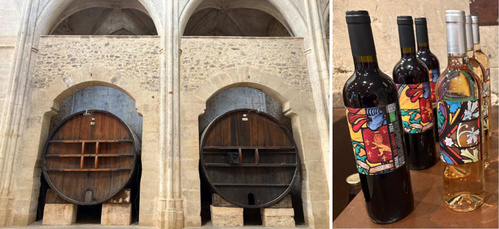 Les foudres dans la nef et la gamme de vins «  Vitrail sur l’abbaye » -  © Catherine Monbreault