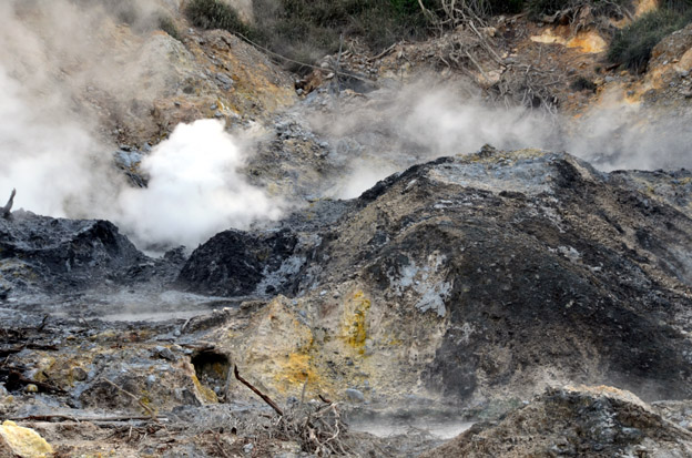 Les Sulfur Springs d'où s'échappent des fumerolles chargées en soufre - © D. Raynal