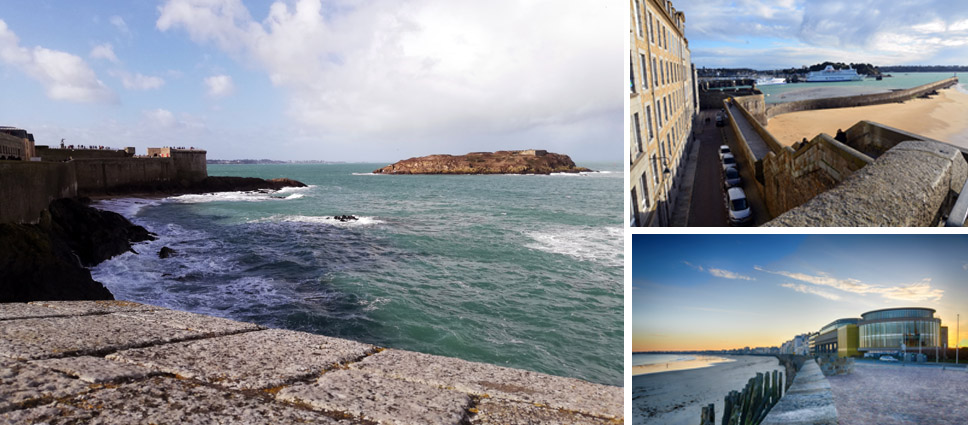 Le rocher du Grand Bé, tombeau de l'écrivain malouin François-René de Chateaubriand. La jetée appelée aussi le môle des Noires. Le palais des congrès « Le Grand Large » de  Saint-Malo qui vient d'être entièrement rénové et agrandi  - © David Raynal et D.Pelle.