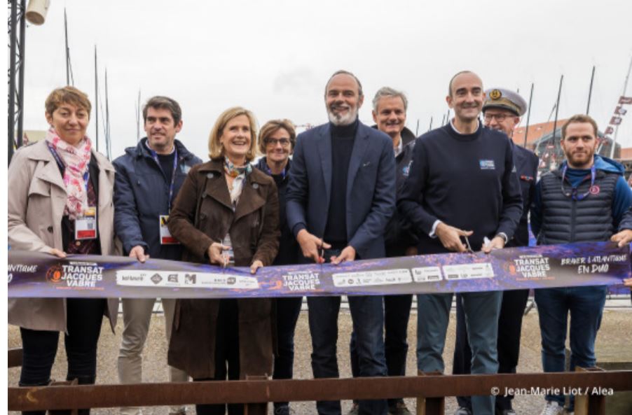 Inauguration du Village par Edouard Philippe, maire du Havre, Marie-Agnès Poussier-Winsback, vice-présidente de la région Normandie et Juan Amat, président de l'association Transat Jacques Vabre et président de JDE Europe. - © Jean--Marie Liot / Alea