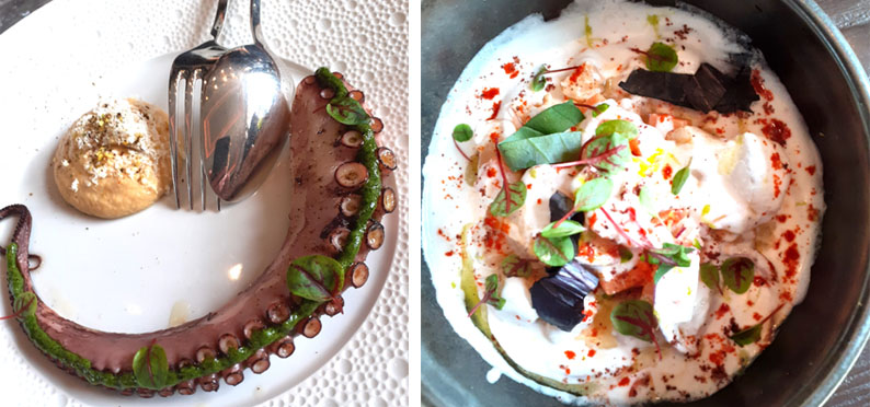 Poulpe cuit doucement, houmous de betterave jaune, feta et Ceviche de dorade royale, patates douces au lait de coco - @ Catherine Gary Poulpe cuit doucement, houmous de betterave jaune, feta et Ceviche de dorade royale, patates douces au lait de coco - @ Catherine Gary
