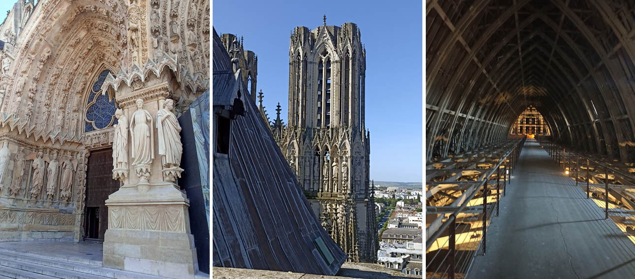 Un porche - Les tours de Notre-Dame de Reims vues des gouttières - Le plafond de la Cathédrale et sa toiture aux arches en béton - © Hubert Gouleret Un porche - Les tours de Notre-Dame de Reims vues des gouttières - Le plafond de la Cathédrale et sa toiture aux arches en béton - © Hubert Gouleret