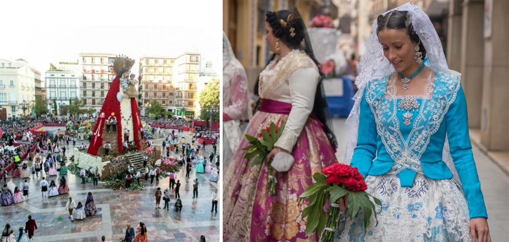 Falleras en tenues traditionnelles pour l'offrande de fleurs en l'honneur de la Vierge de los Desamparados - © Visit Valencia