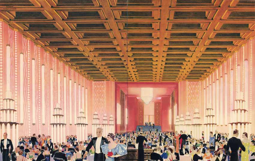 Paul IRIBE, La salle à manger de la première classe de Normandie, brochure publicitaire de la Compagnie Générale Transatlantique, vers 1935 - © Collection Saint-Nazaire Agglomération Tourisme – Écomusée Paul IRIBE, La salle à manger de la première classe de Normandie, brochure publicitaire de la Compagnie Générale Transatlantique, vers 1935 - © Collection Saint-Nazaire Agglomération Tourisme – Écomusée