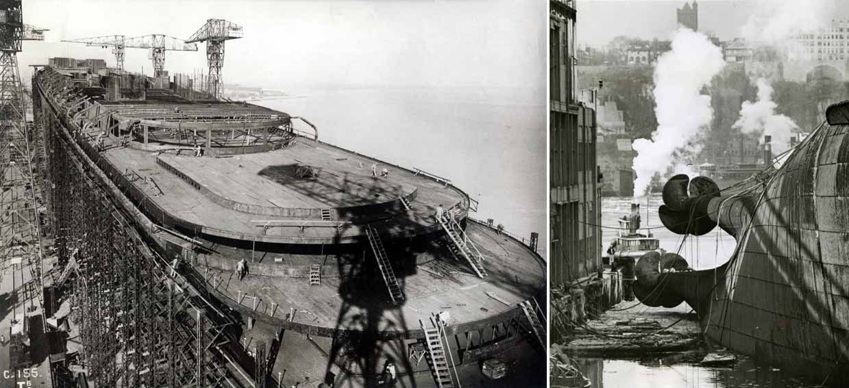 Anonyme, Construction de Normandie à Saint-Nazaire : ponts, vers 1931-1932 - Le Havre, collection EPCC French Lines & Compagnies, patrimoine maritime et portuaire (à gauche) ---- Anonyme, Normandie couché à côté du Pier 88 à New York après son incendie en février 1942, collection Frédéric Gros © Musée d’arts de Nantes / C. Clos (à droite) Anonyme, Construction de Normandie à Saint-Nazaire : ponts, vers 1931-1932 - Le Havre, collection EPCC French Lines & Compagnies, patrimoine maritime et portuaire (à gauche) ---- Anonyme, Normandie couché à côté du Pier 88 à New York après son incendie en février 1942, collection Frédéric Gros © Musée d’arts de Nantes / C. Clos (à droite)