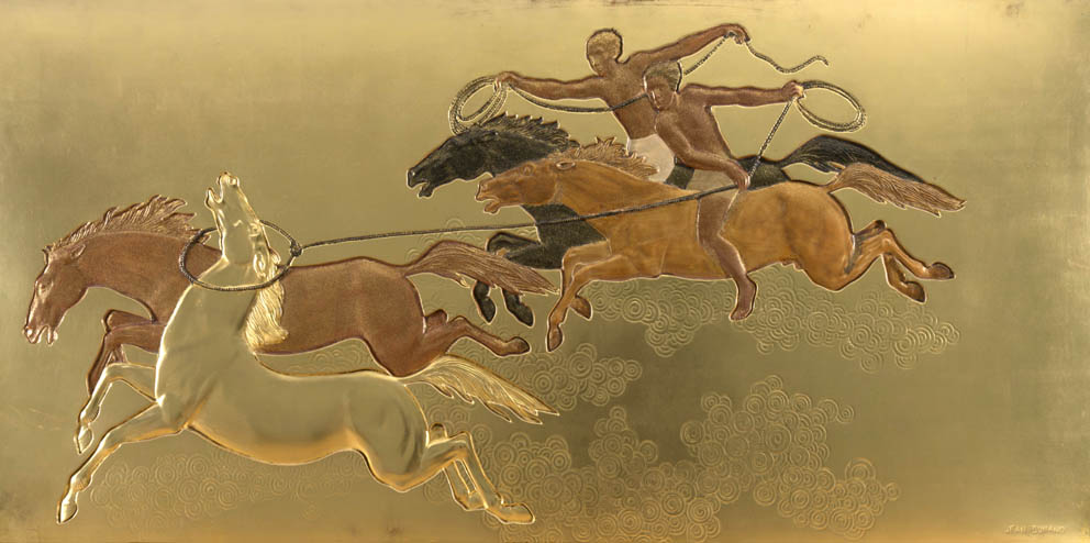 Jean DUNAND, La Conquête du cheval, Deux cavaliers attrapant au lasso des chevaux sauvages, après 1935, panneaux de laque décoratifs reprenant en version réduite un motif du décor du fumoir de la 1ère classe du paquebot Normandie - Le Havre, musée d'art moderne André Malraux - © MuMa Le Havre / Charles Maslard Jean DUNAND, La Conquête du cheval, Deux cavaliers attrapant au lasso des chevaux sauvages, après 1935, panneaux de laque décoratifs reprenant en version réduite un motif du décor du fumoir de la 1ère classe du paquebot Normandie - Le Havre, musée d'art moderne André Malraux - © MuMa Le Havre / Charles Maslard