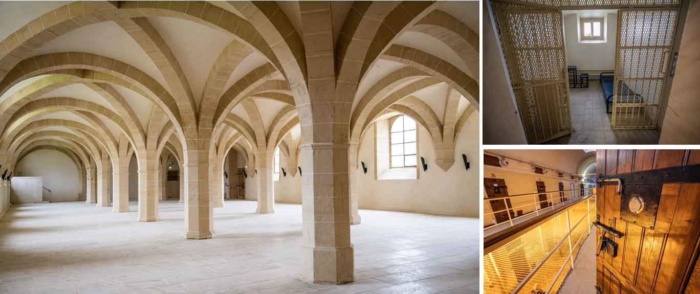 Une salle de l'ancienne Abbaye et 2 vues des Quartiers d'Isolement et Quartiers Disciplinaires de l'ancienne prison centrale de Clairvaux - © Olivier Douard