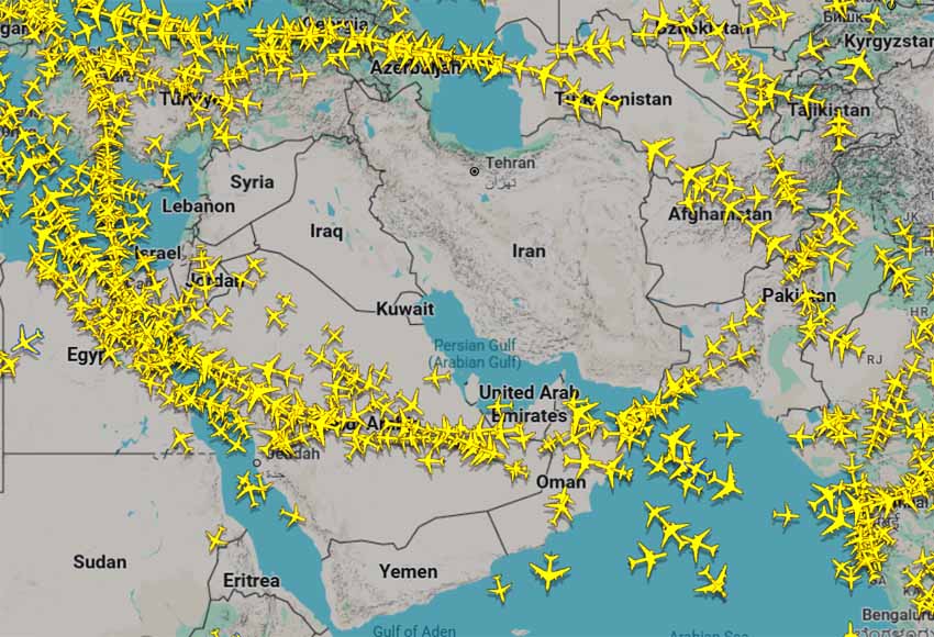 Vue du trafic sur le Golfe Persique à 8h15, le 05/03/2026 - Flightradar24