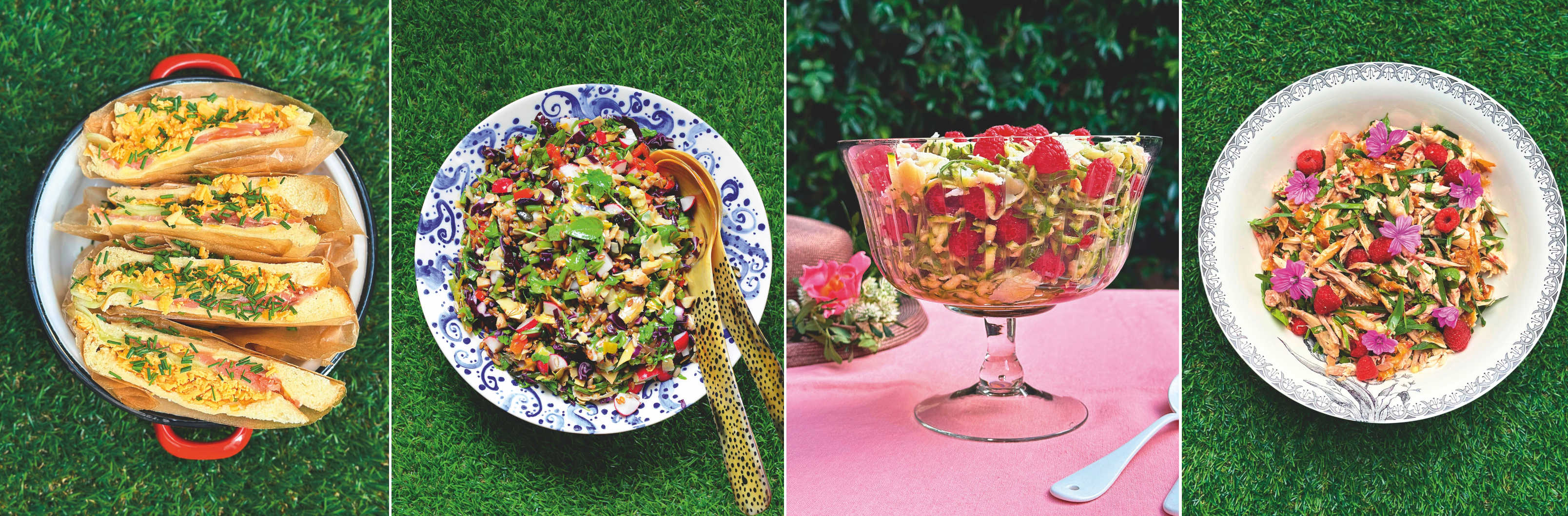 Salade au saumon, cheddar et concombre - Salade de petit épeautre - Salade de courgettes aux framboises - Effiloché de poulet aux herbes fraîches et framboises  - © Valérie Wolf