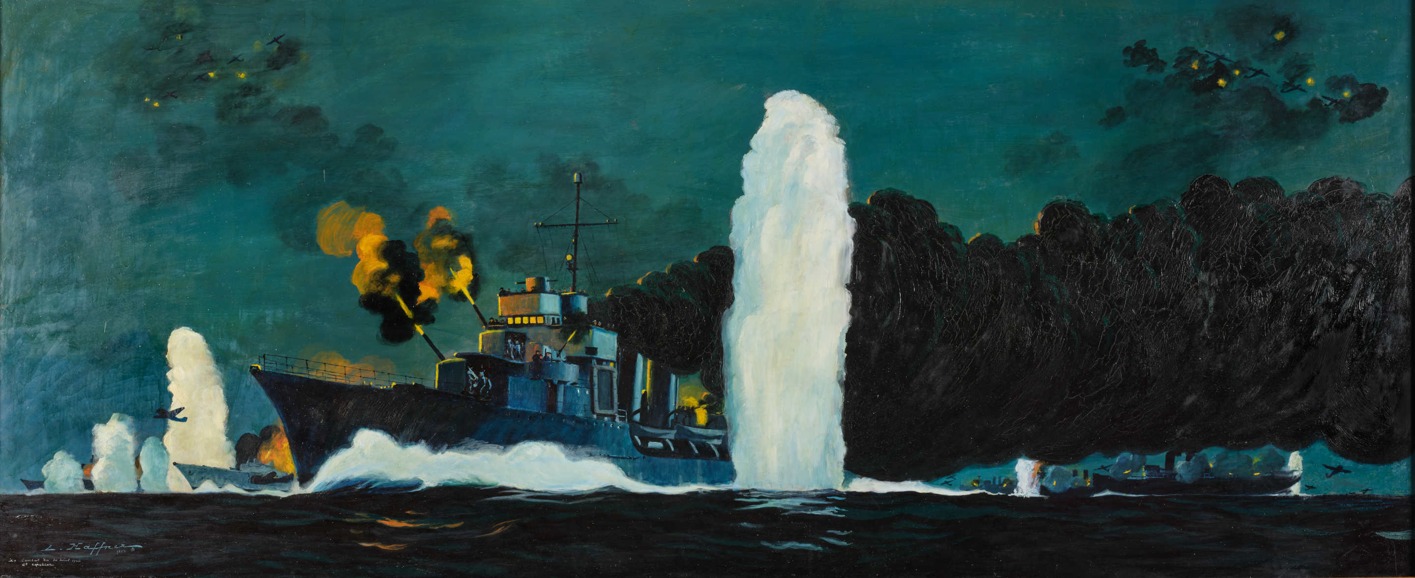 Combat du 20 avril 1944 - Léon Haffner, 1953 Huile sur aggloméré - ©musée national de la Marine/C.Rabourdin