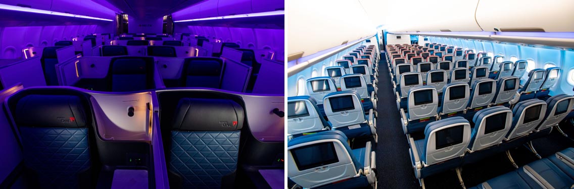 Cabine Delta One à bord de l'A330-900neo avec éclairage nocturne et Cabine principale et Comfort+ - © Chris Rank;/Delta Airlines