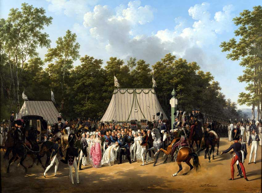 Entrevue de Louis XVIII avec la duchesse de Berry, à la croix de Saint-Hérem, dans la forêt de Fontainebleau - Auteur Hyppolyte Lecomte -  Musée national des châteaux de Versailles et de Trianon